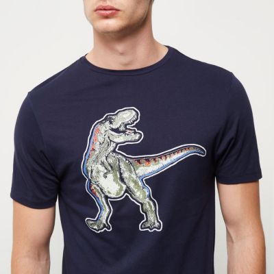 Navy blue dinosaur slim fit T-shirt
